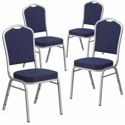 Flash Furniture Crown Back Stacking Banquet Chair With Navy Fabric And Thick Seat, Silver Frame, 4/PK (4-FD-C01-S-2-GG)