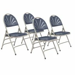 National Public Seating NPS 1100 Series Deluxe Fan Back With Triple Brace Double Hinge Folding Chair, Dark Blue, 4 (1115/4)